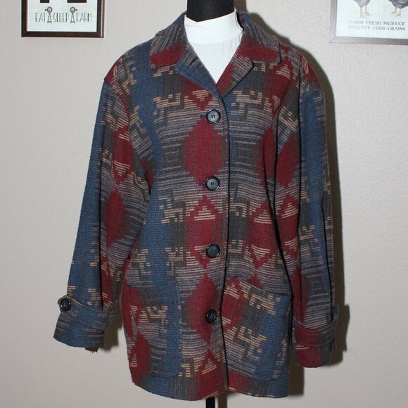 Preston & York Sport Womens Vntg Wool Blend Chore Coat Southwest Aztec Size 14 - Picture 1 of 7
